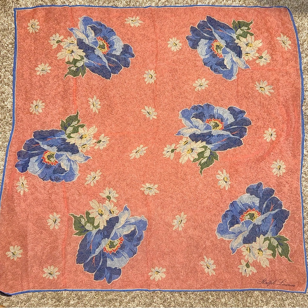 Ralph Lauren Vintage Silk Chiffon Light Peach Coral Background and Blue Florals